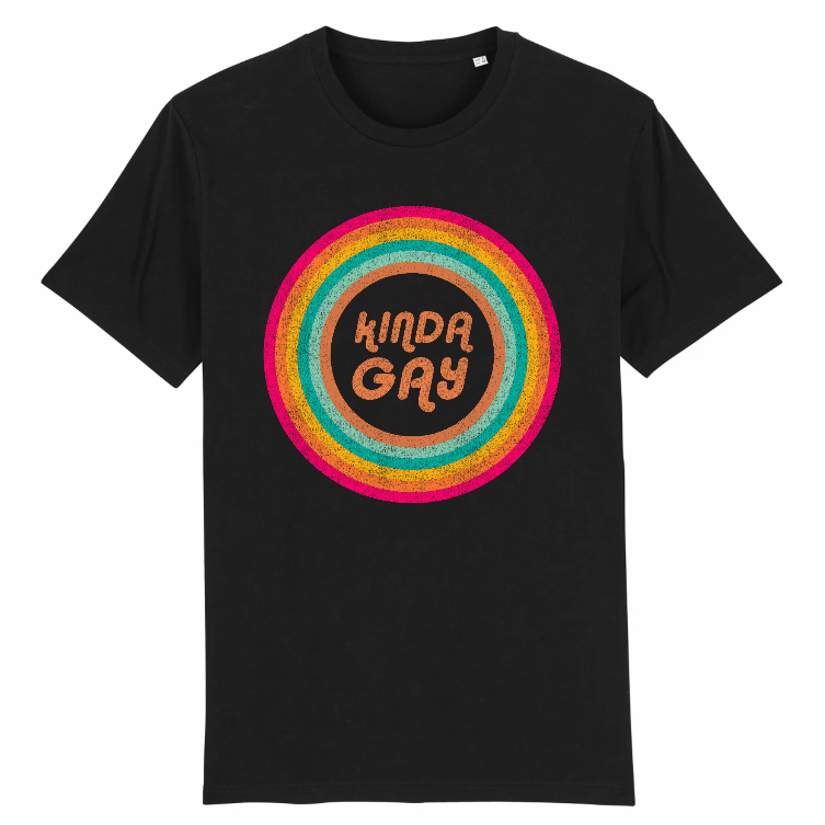 Organic black unisex shirt for the LGBT Gay Pride event or gift to gay, bisexual or lesbian friend. Sarcastic statement Kinda gay multicolored distressed print on the front. Sustainable shirt made of organic cotton. Printed with eco certified ink.