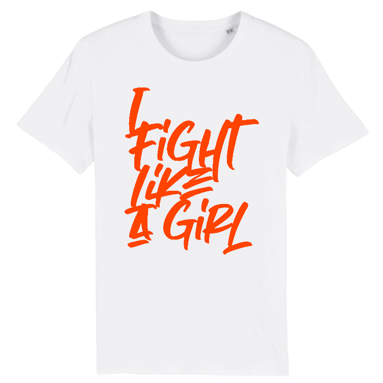 Organic white unisex style shirt tee with I fight like a girl graphic print. For the feminist brave girl power woman, that likes statement shirt and inspirational shirts that empower all women. Printed with Eco sustainable ink.