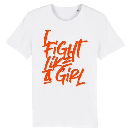 Organic white unisex style shirt tee with I fight like a girl graphic print. For the feminist brave girl power woman, that likes statement shirt and inspirational shirts that empower all women. Printed with Eco sustainable ink.