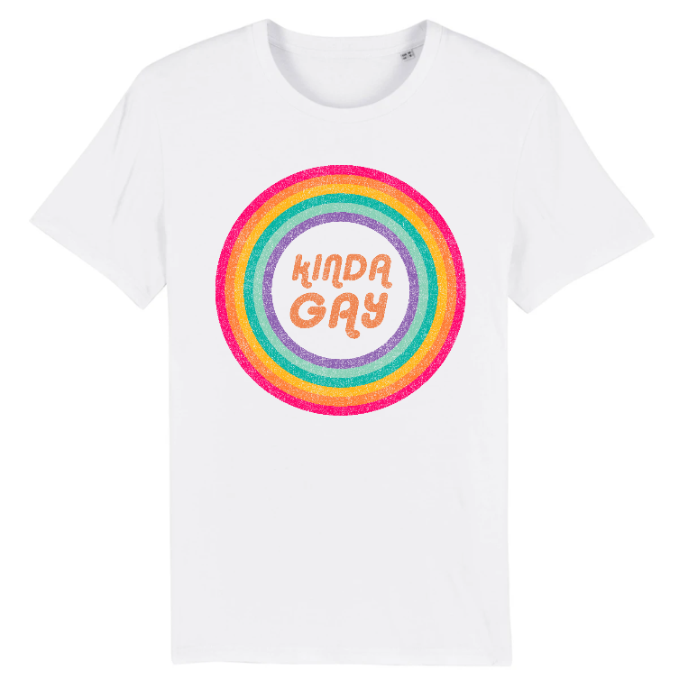 Organic white or navy unisex shirt for the LGBT Gay Pride event or gift to gay, bisexual or lesbian friend. Sarcastic statement Kinda gay multicolored distressed print on the front. Sustainable shirt made of organic cotton. Printed with eco certified ink.