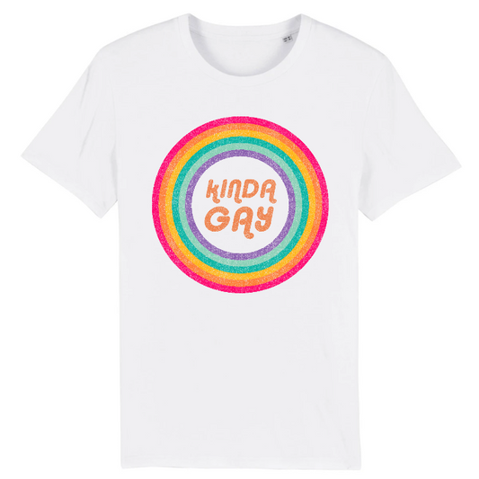 Organic white or navy unisex shirt for the LGBT Gay Pride event or gift to gay, bisexual or lesbian friend. Sarcastic statement Kinda gay multicolored distressed print on the front. Sustainable shirt made of organic cotton. Printed with eco certified ink.