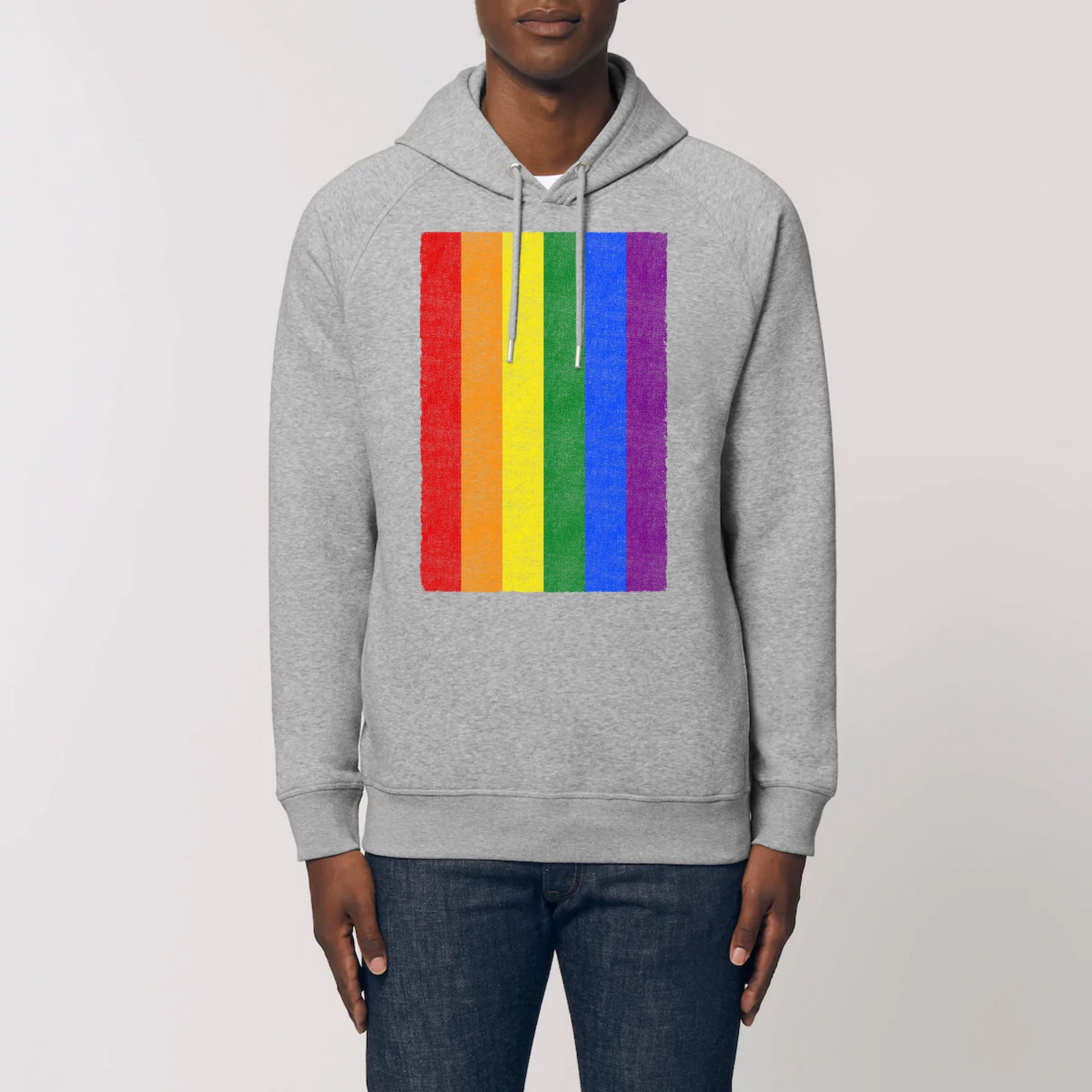 Organic Pride unisex hoodie in top quality. Show the LGBT flag colors with this Gay pride hoodie, Printed with big equality, pride and rainbow statement graphic. For yourself, for a gift to a gay or non gay friend. Sustainable with eco certifed ink.